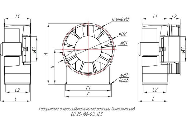 Вентилятор осевой ВО25-188 габаритно-присоединительные размеры
